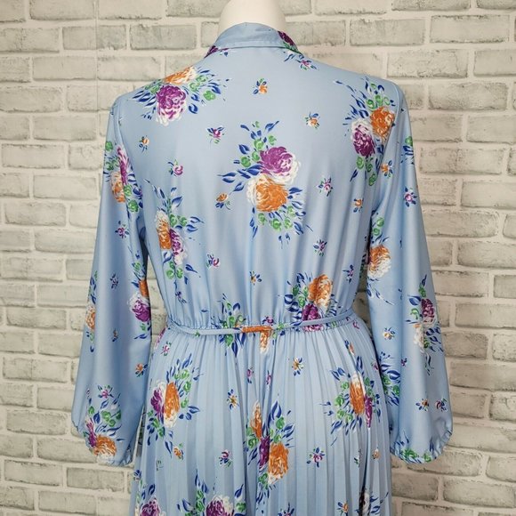 Vintage 70s Blue Floral Sheer Scarf Tie‎ Collar Pleated Secretary Midi Dress - Picture 10 of 12